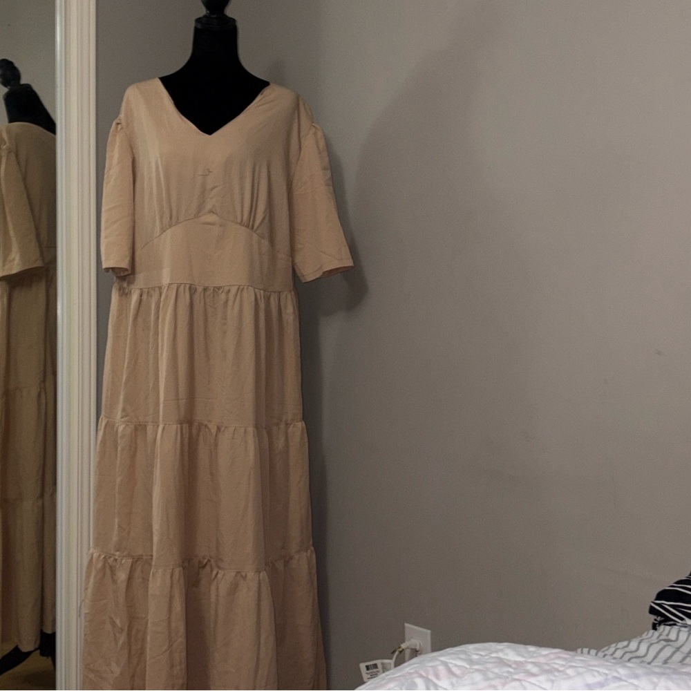 Women’s Tiered V-Neck Maxi Dress in Beige